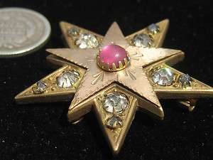 Antique Victorian 14K Gold RGP Engraved Star Brooch Pin Rhinestone 