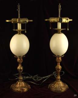 INTERESTING PAIR ANTIQUE GILT BRONZE OSTRICH EGG LAMPS  