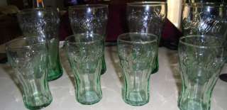 COCA COLA LOT 8 GLASSES GREEN NEW 16 OZ AND 6 OZ  