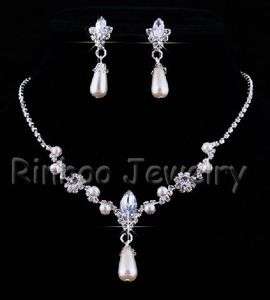 Flower Rhinestone&Imitate Pearl Necklace&Earrings Set  