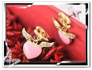 Flying angel wings with pink heart dangle x logo earrings  