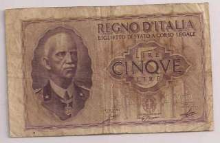 ITALIA 5 Lire   1940   Vittorio Emanuele a Bari    Annunci