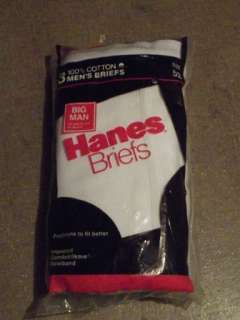  three Hanes 100% cotton white briefs, Size 52. The back is dated 1987