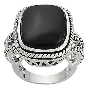   Silvertone Cushion cut Created Black Agate Rope Detail Ring: Jewelry