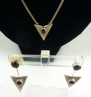 Vintage Set Sterling Silver Earrings & Necklace w/ Garnet Stone GREAT 