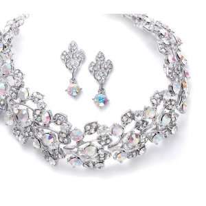  Bold Crystal Aurora Borealis Vine Wedding Choker Necklace Set 