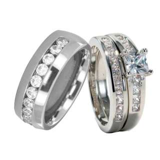   AND HERS 3 PIECES MENS WOMENS Titanium WEDDING BRIDAL RING SET  