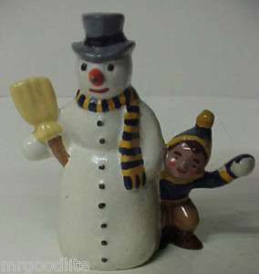 Solid Cast Metal SNOWMAN WITH CHILD & BROOM HAT  