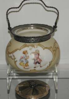   Hand Painted Victorian Glass Biscuit Jar w Children Blowing Bubbles NR