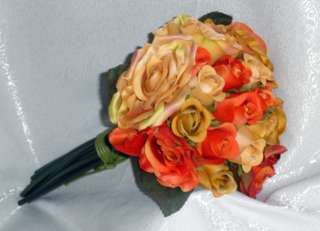 Orange Cognac Camo Persimmon Rose Roses Bridal Bouquet Silk Wedding 
