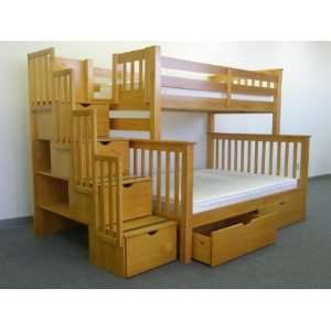  Stairway Bunk Bed Twin over Full in Honey with 4 Drawers 