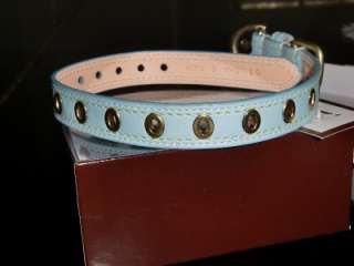 NWT COACH SML LT BLUE LEATHER GROMMET DOG COLLAR in BOX  