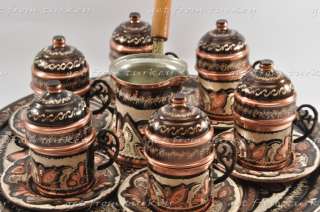 Turkish Coffee & Espresso Set Hand Crafted Copper Tray   Cup   Pot 