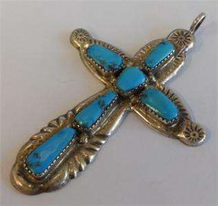 NATIVE AMERICAN I IULE CROSS PENDANT STERLING AND TURQUOISE DESIGN 