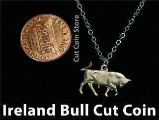 Ireland Bull 5 pence Cut Coin Jewelry Necklace Charm Pendant Irish 
