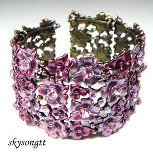 Pink Enamel Floral Crystal Bangle Cuff Bracelet B1074P  
