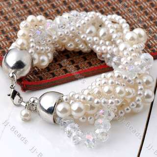   Faux Pearl Faceted Crystal Glass Ball Bead Adjustable Korean Bracelet