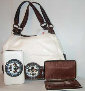 Western Fleur De Lis Bling & SilverTone Hdw Handbag Purse & Wallet Set 
