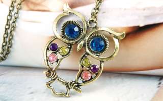 Owl+Colorful Gemstones Crystals Pendant+Bronze Necklace  