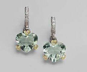 Judith Ripka heart earrings Green Quartz Diamond 18K Yellow Gold 