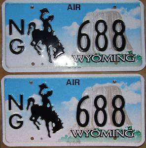 Wyoming license plate pair Air NG 688 Devils Tower  