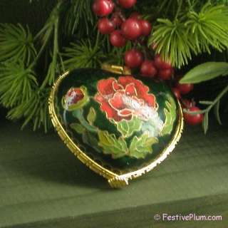 NIB 4347G Cloisonne Ornaments Rose Heart Box Green  