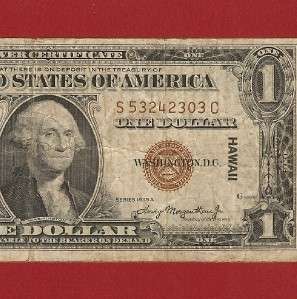  CURRENCY 1935A HAWAII $1 SILVER CERTIFICATE, WORLD WAR II, Old Paper 