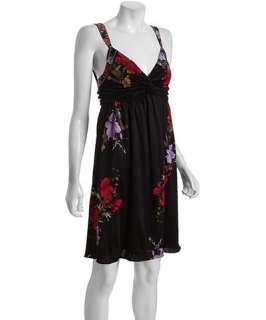Elie Tahari black floral print silk blend Renee twist front dress