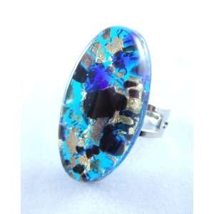    Blue Black Gold Oval Venetian Murano Glass Adjustable Ring Jewelry