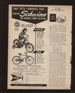1953 Ad Schwinn Bicycles Bantam Pixie Worlds Finest  