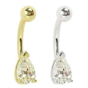  14K Gold Belly Ring with Gorgeous Pear Teardrop Diamond CZ 