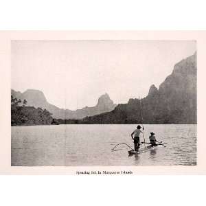  1920 Halftone Print Spear Fishing Marquesas Island Canoe 